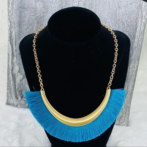 Anna & Ava Fringe Bar Statement Necklace NWT Turquoise Blue Matte Gold - Picture 1 of 9